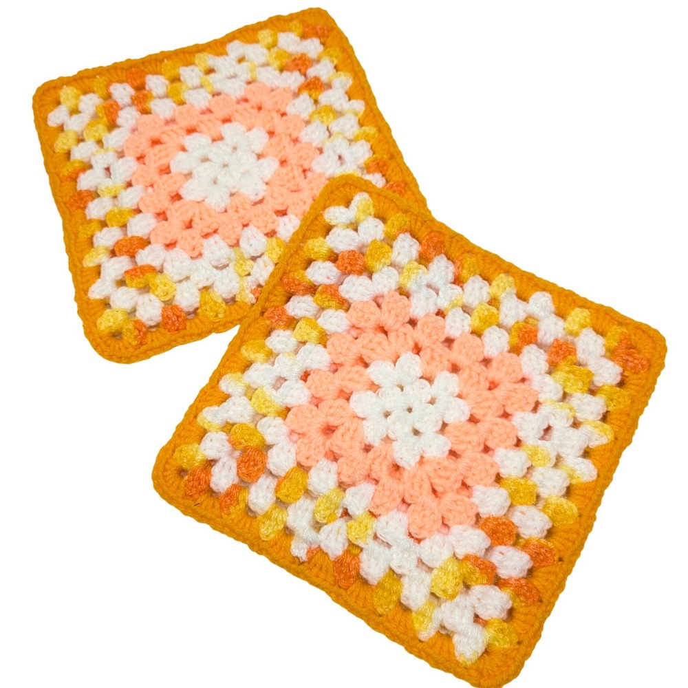 Retro Crochet Granny Square Potholders Set 2 Orange Peach 70s Kitchen Hot Pads